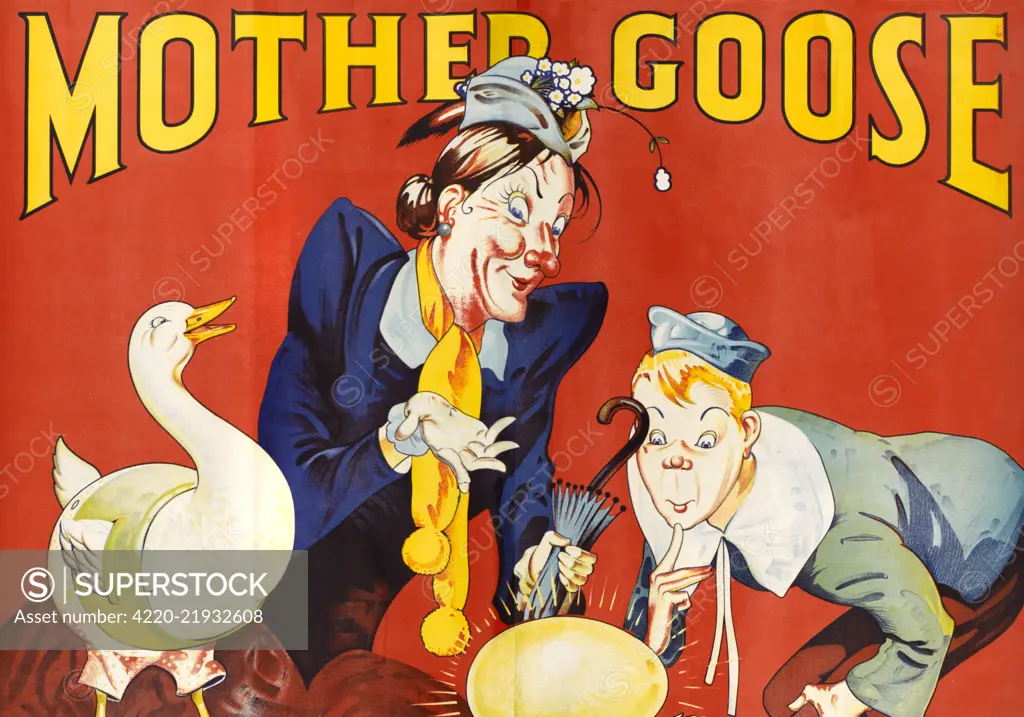 Poster for Mother Goose, advertising a pantomime.      Date: circa 1930s