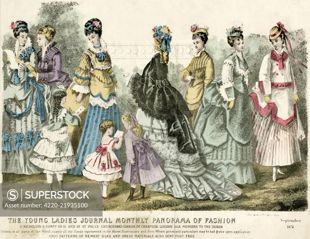 Advert for D. Nicholson &amp; Company in St Paul's Churchyard corner of Cheapside London, selection of elegant women and young girl's wearing silk dresses for September 1874.     Date: 1874