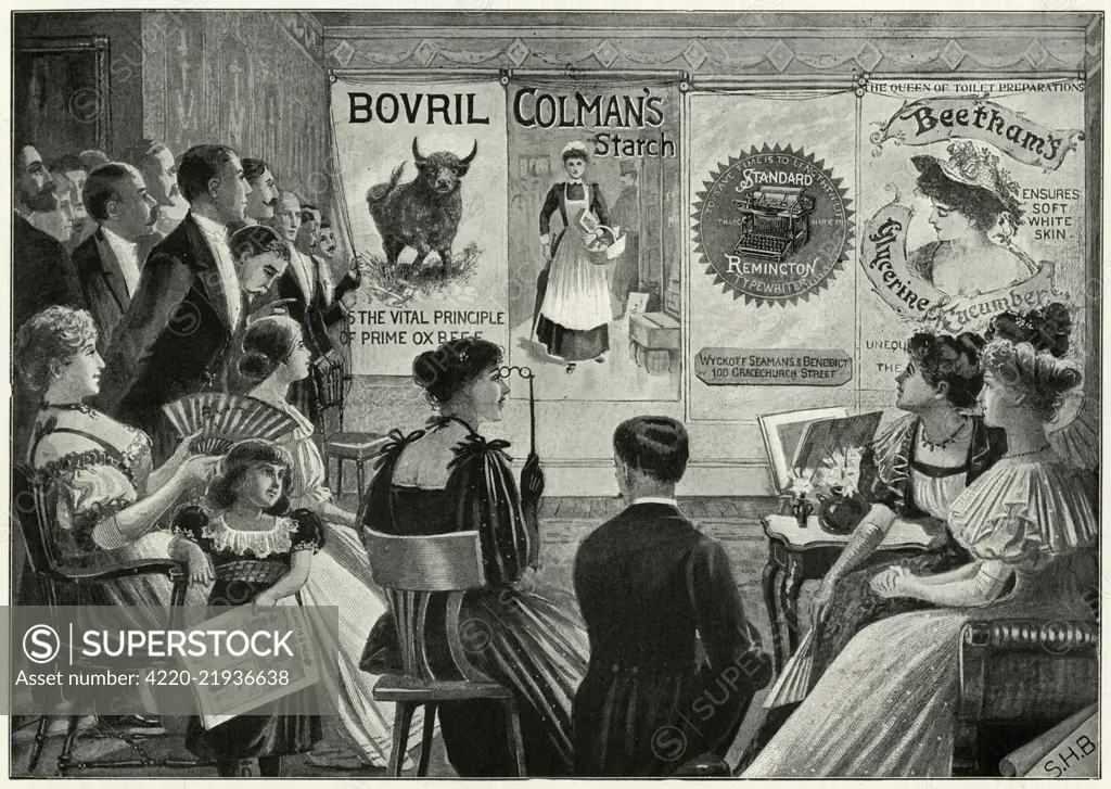 A private view of one of the collections, hobby that came into fashion, enthusiasts are giving up large rooms for the purpose of properly displaying the posters, which were mounted on canvas and rolled up and down like ordinary blinds.     Date: 1896