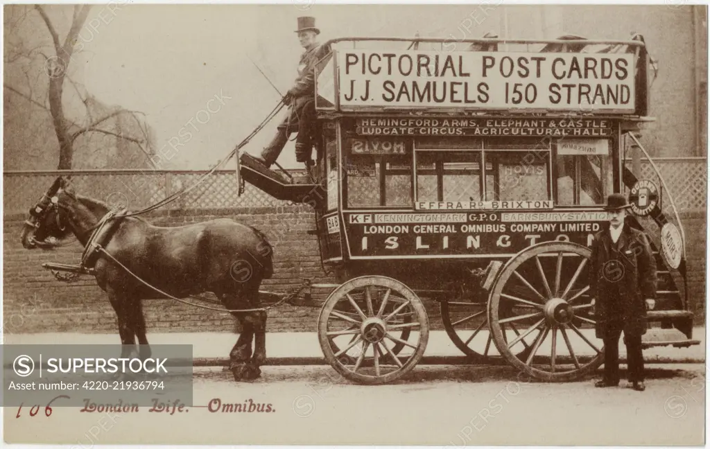 A horse-bus of the London General Omnibus Company Limited, with a advert for 'Pictorial Post Cards J. J Samuels' on the side, also showing the bus route.     Date: Early 20th Century