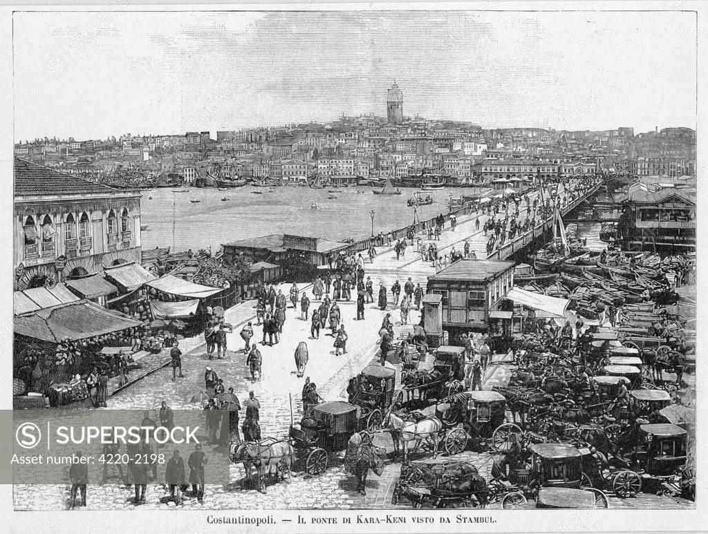 (here called the Kara-Kenibridge : why ) - the bridgeacross the Golden Horn linkingthe Topkapi Palace etc withthe city centre, departurepoint of ferries to Asia. Date: 1890