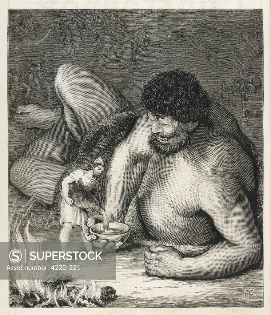 Odysseus, made prisoner by the  cyclops Polyphemus, makes him  drunk with strong wine