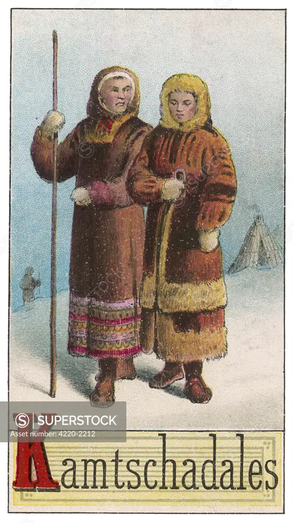 An Eskimo couple of Kamchatka wearing warm clothing in the ice and snow.Date: 1886
