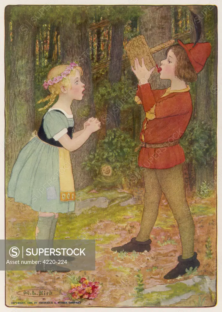 The two children in the forest  - Gretel is shocked when  Hansel eats the strawberries