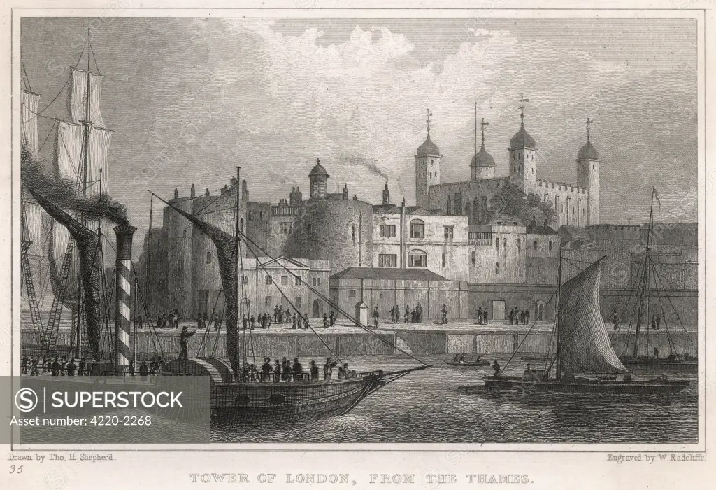 Tower of London from the Thames river Date: 1830