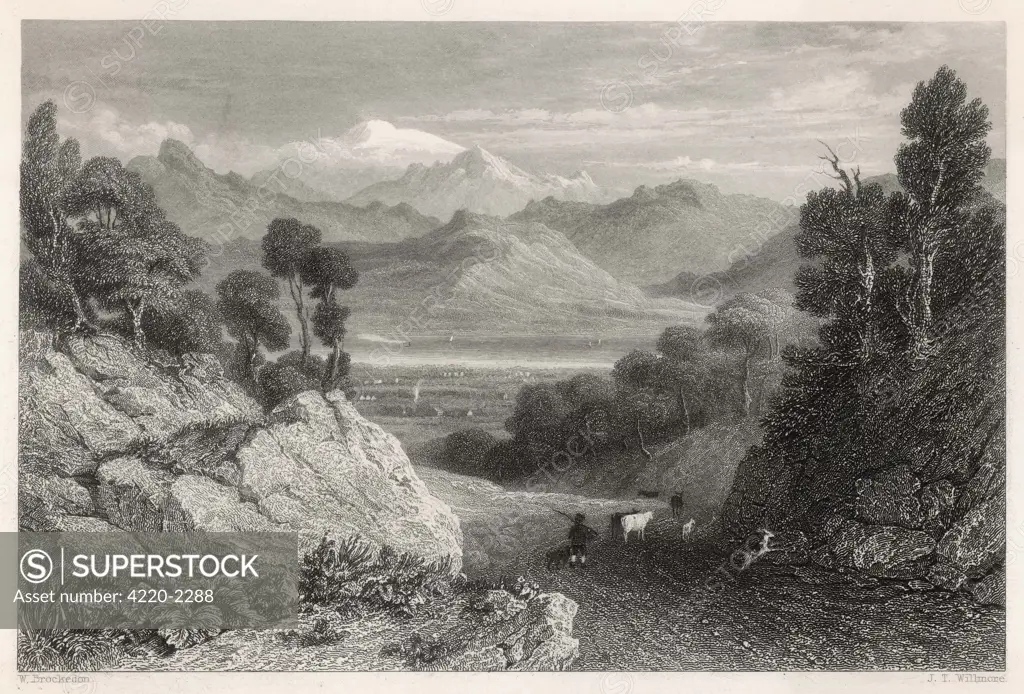 View of Lake Geneva with Mont Blanc in the background, as seen from the forest of Nion. Date: 1836