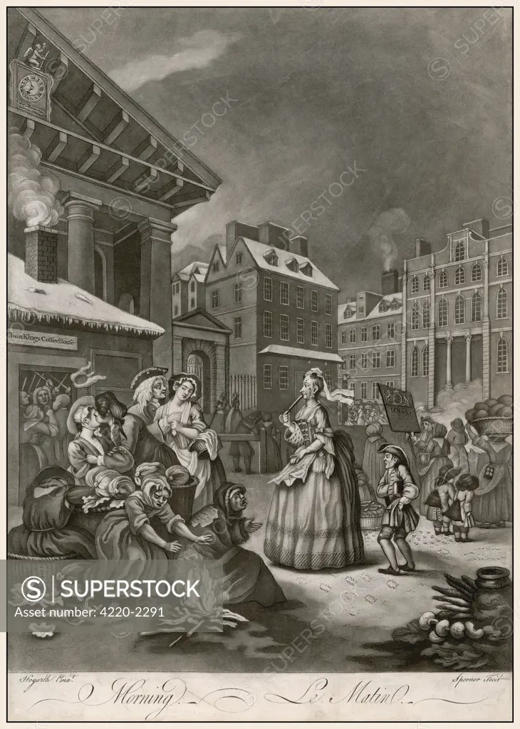 Hogarth, Four Times of the Day, 1. Morning.A spinster and her page walk through Covent Garden, London, on their way to church.Near them, two men are groping market girls. Date: 1738