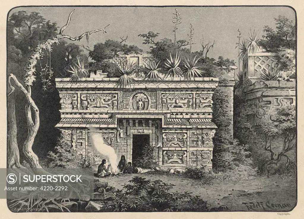 Facade of one of the temples at the pre-Hispanic city of Chichen Itza, Yucatan State, Mexico.Date: circa 1890