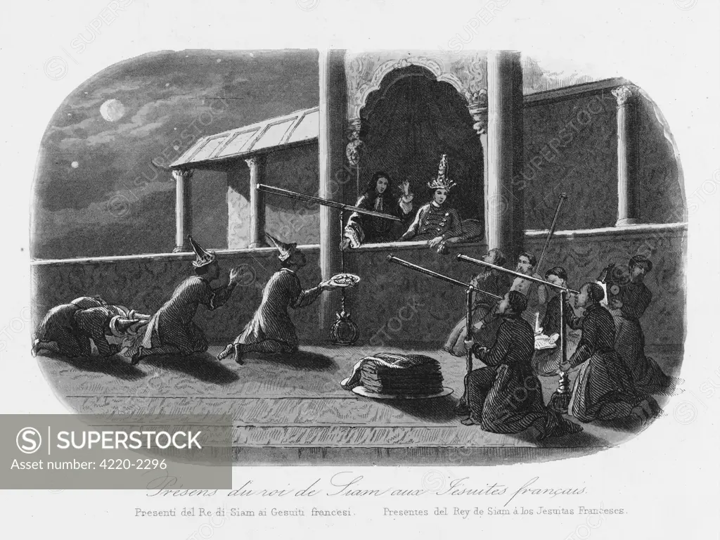 Jesuit missionaries in Siam (Thailand) impress the king with theirtelescopes. Date: 1685