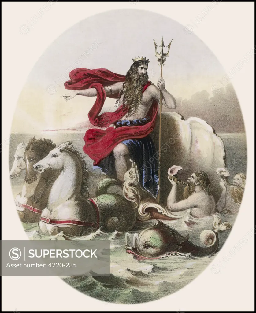 Riding the waves in his horse- drawn chariot, saluted by  tritons as he passes       Date: circa 1860