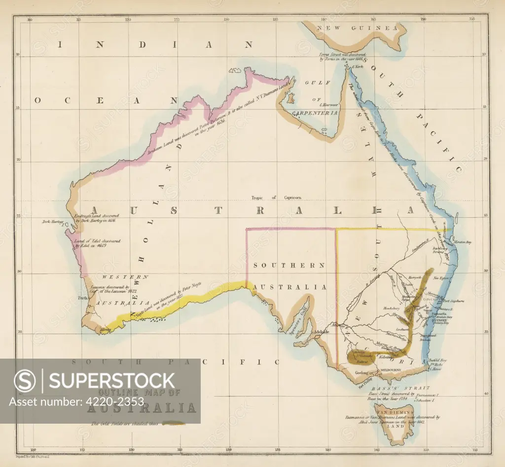 Map showing the location ofthe GOLDFIELDS, so presumablymade fairly soon after thestart of the Australian GoldRush in 1851Date: 1850s