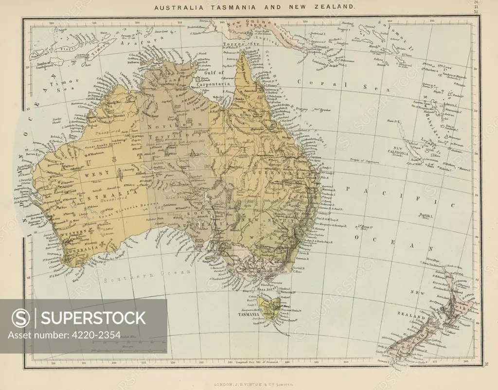 Map showing Australia,Tasmania, New Zealand andneighbouring islandsDate: circa 1890