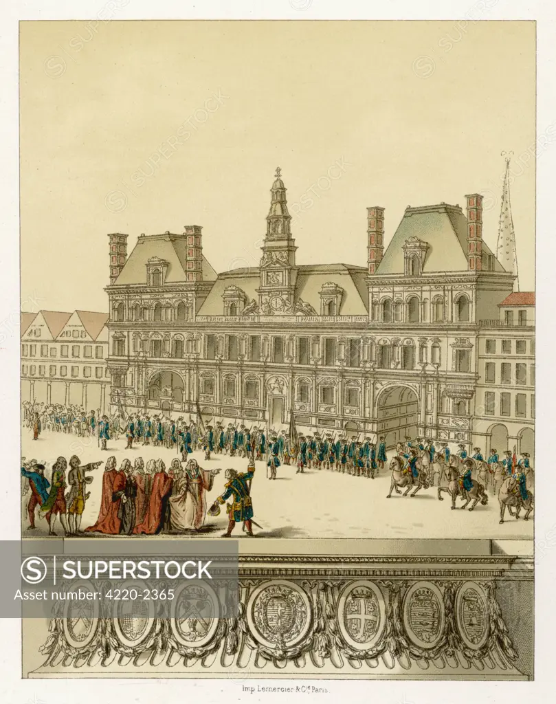 A Review of the Gardes de laVille de Paris - the municipalmilitia - outside the Hotel deVille Date: circa 1770