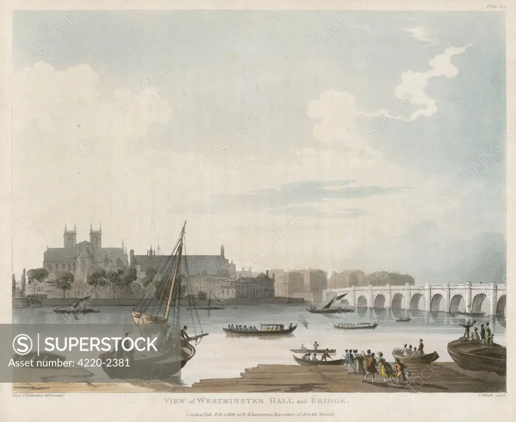 Westminster Bridge,Westminster Hall, Westminster Abbey, and housesstanding on the site of theHouses of ParliamentDate: 1810