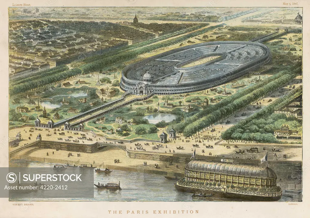 Bird's-eye view of the site ofthe exhibition, erected on theChamp de Mars, where the TourEiffel was subsequentlylocated ; note the splendidbathing boat on the Seine Date: 1867
