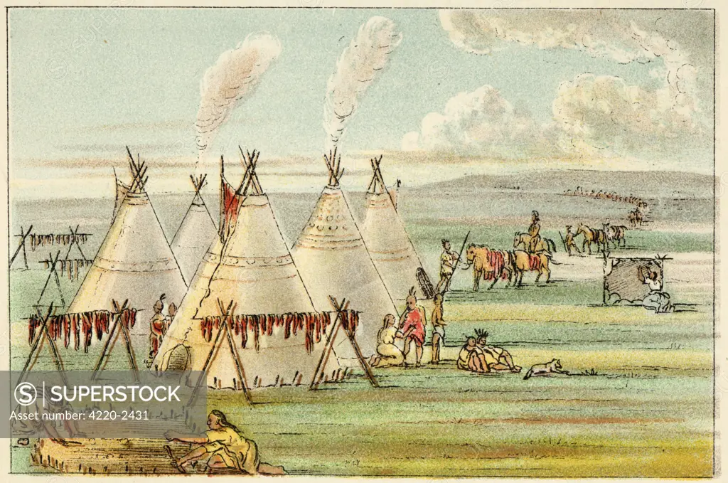People from the Crow tribedrying buffalo meat Date: circa 1830