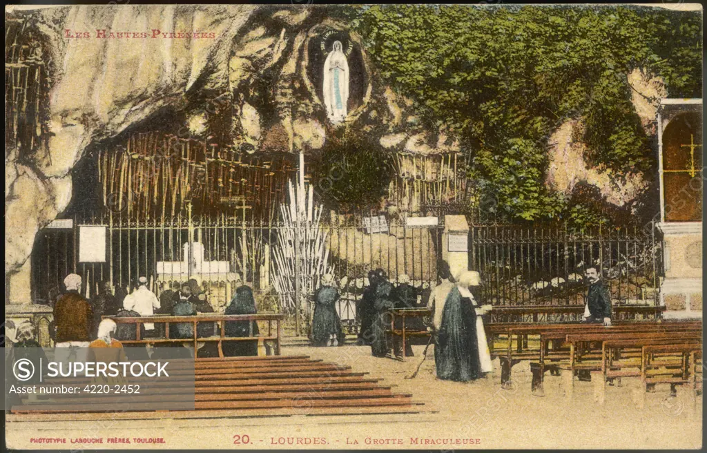 The grotto of Massabielle atthe beginning of the 20thcentury - showing the statue,and crutches left by thosewho, miraculously, don't needthem any more Date: circa 1905
