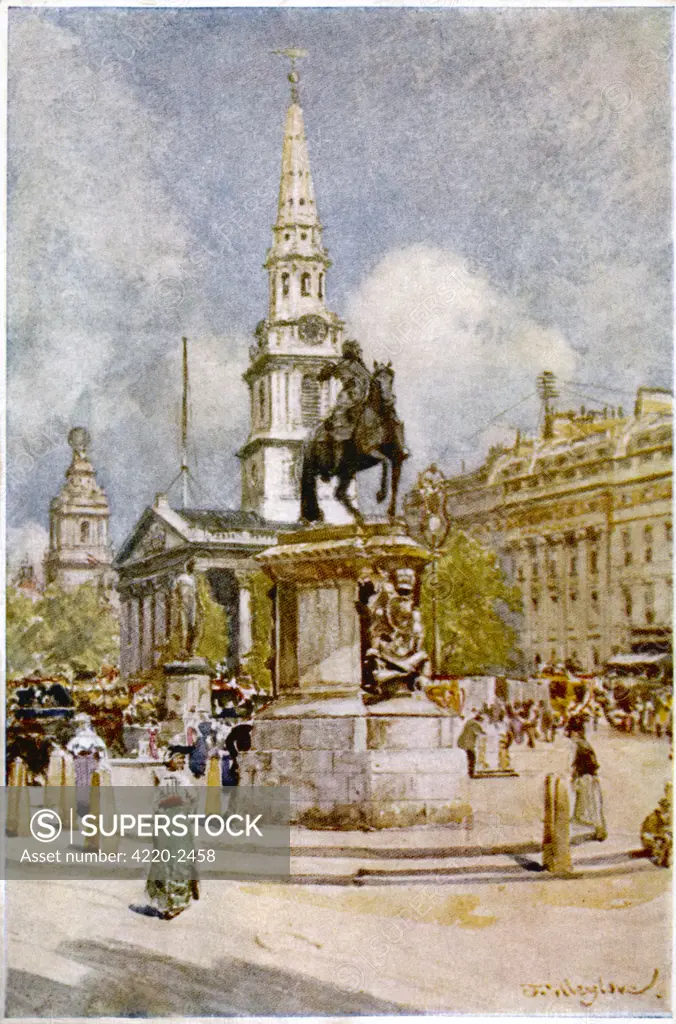 Charles I statue at CharingCross.In the background isthe church of St Martin in theFields. Date: 1906