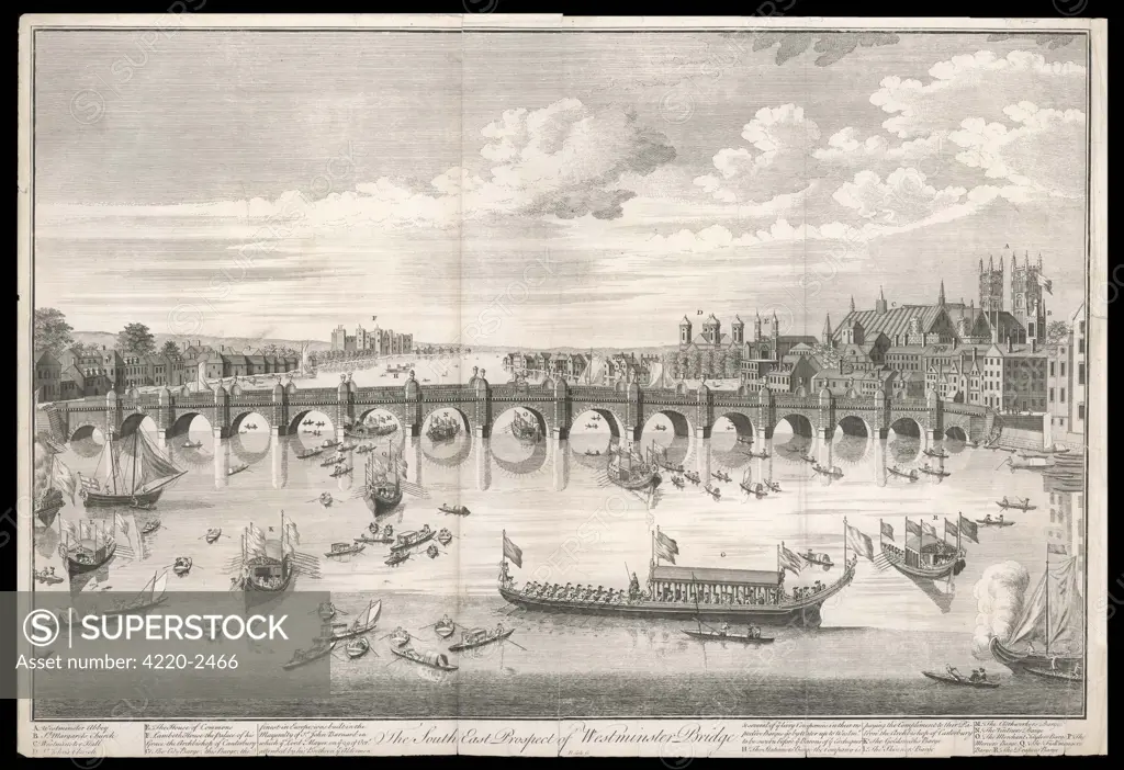 A view of the bridge and thesurrounding area, includingseveral landmarks such as theCathedral and Lambeth Palace.Date: Circa 1700