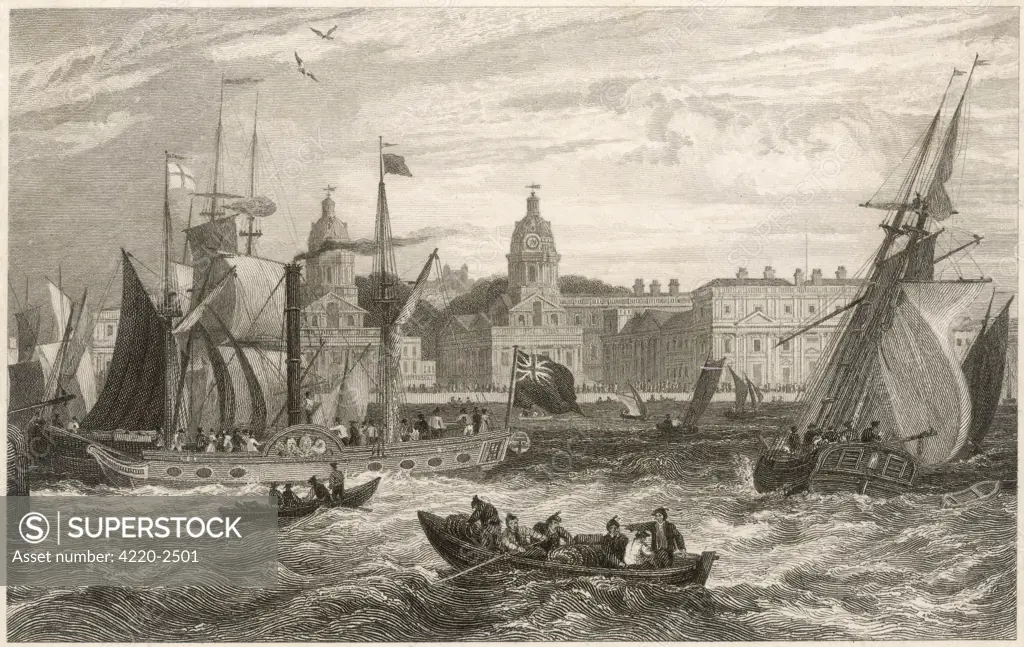 The Royal Hospital from theriver - though it's hardly tobe seen, the Thames is socongested with ships andboats, including one of theearliest steamboats Date: circa 1830