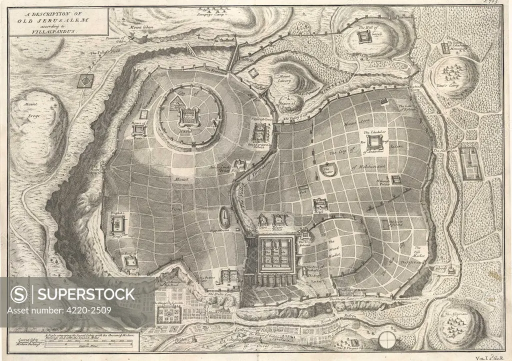 Plan of the city in biblicaltimes : the City of Davidupper left, Solomon's Templelower centre, the site ofJesus's crucifixion uppercentre Date: 1st century AD