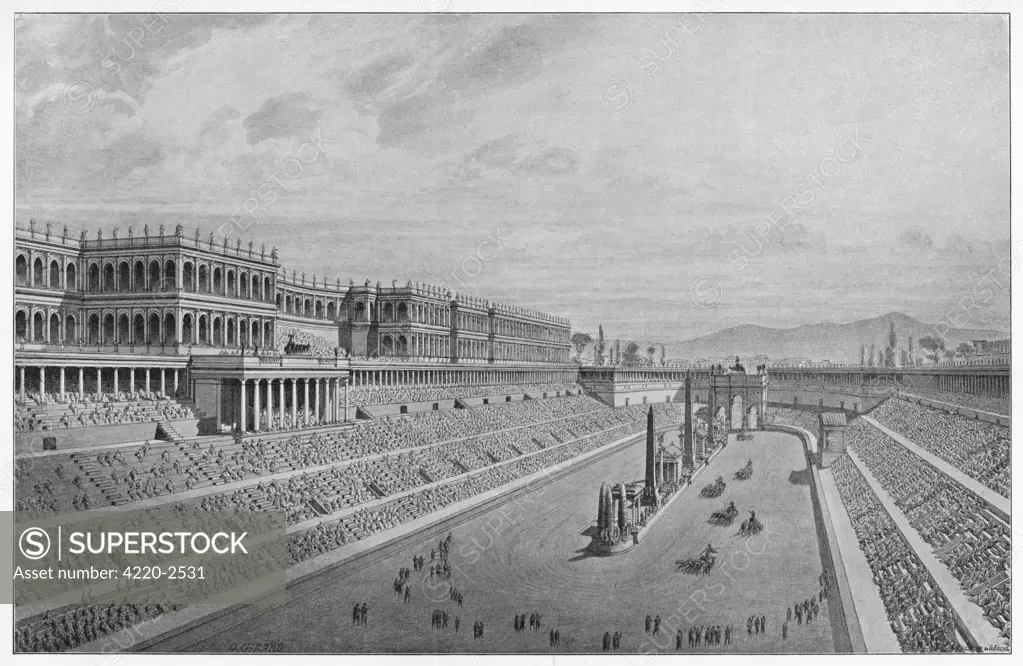 Restoration by Canina of theCircus Maximus in its heyday : a chariot race is in progressand the slopes are throngedwith spectators.The Imperial Palace is on the left.