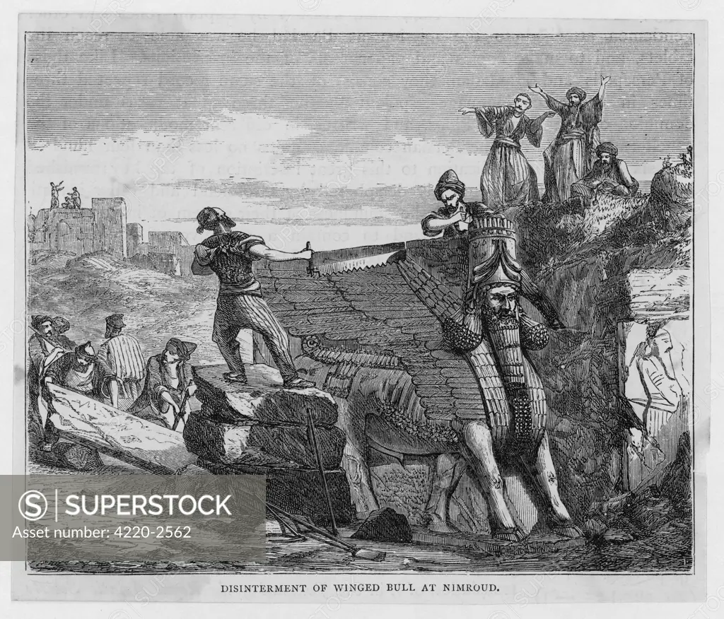 The severe actions taken toremove the fabulous wingedbull reliefs during Layard's excavations at Kalhu (Tell Nimrud).Date: circa 1850
