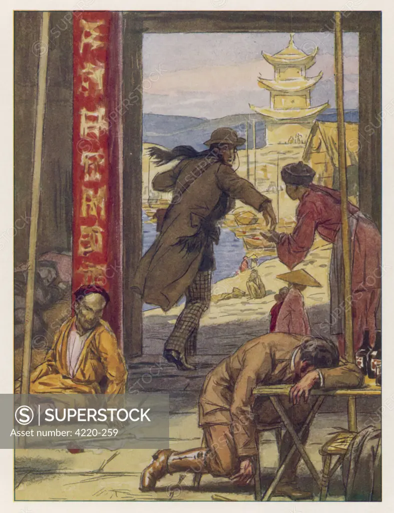 'LE TOUR DU MONDE EN 80 JOURS' Phineas Fogg, in China,  continues his journey, leaving  Passepartout asleep in an  opium den, stupefied by the  noxious fumes of the drug     Date: 1873