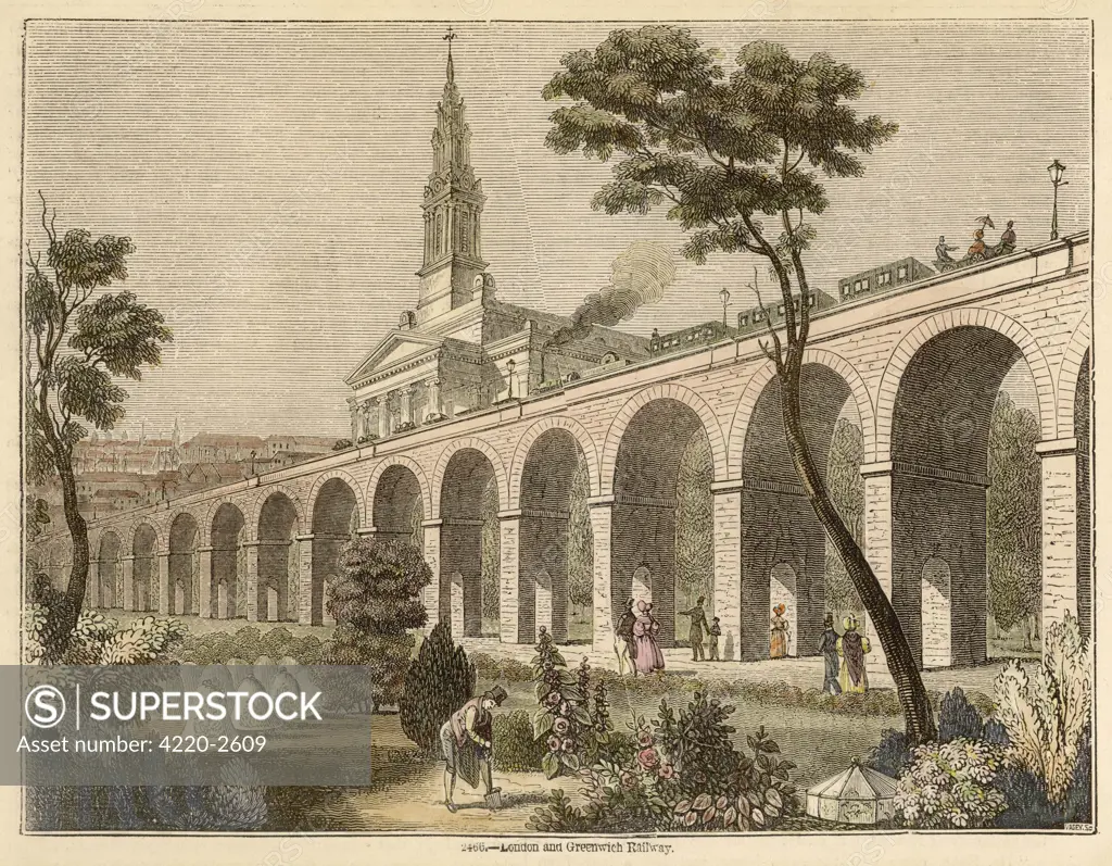 LONDON-GREENWICH RAILWAY Elevated on arches, the line passes St James'schurch, BermondseyDate: 1836