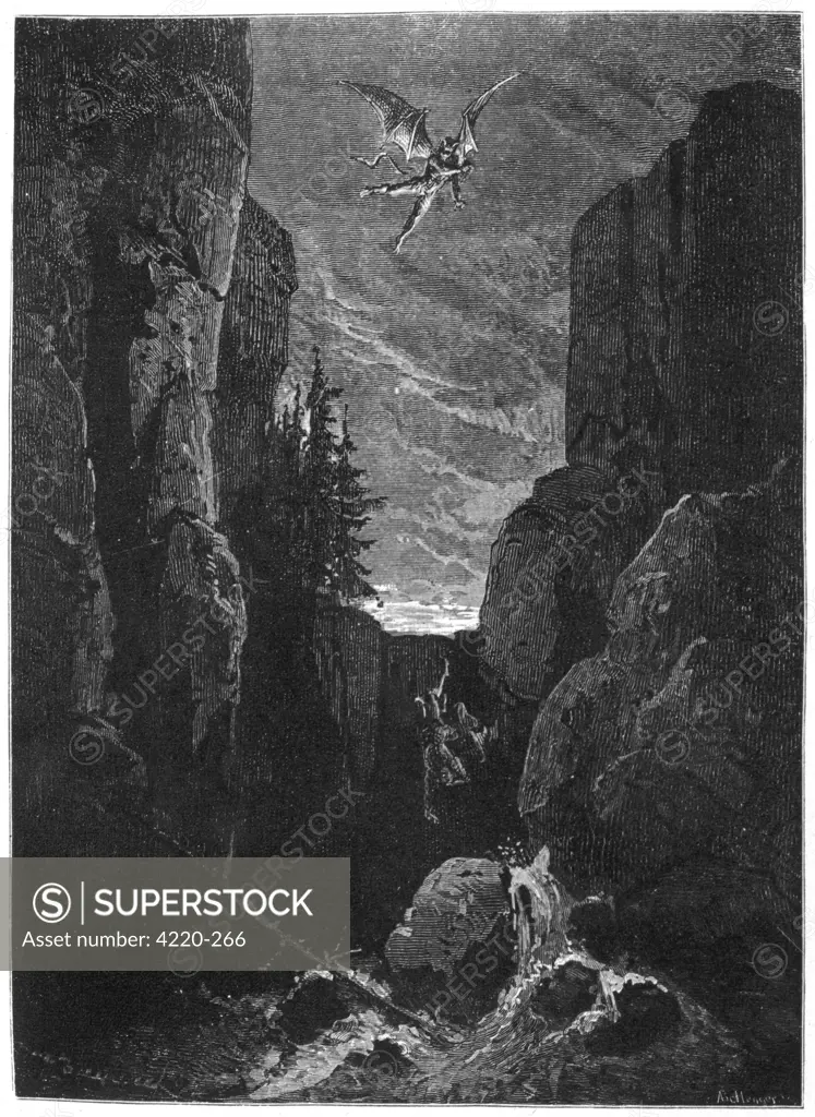 When it is time for Faust to  die, Mephistopheles hurls him  down to Hell from the highest  mountain in Saxony, to make  his fall as fearful as  possible.