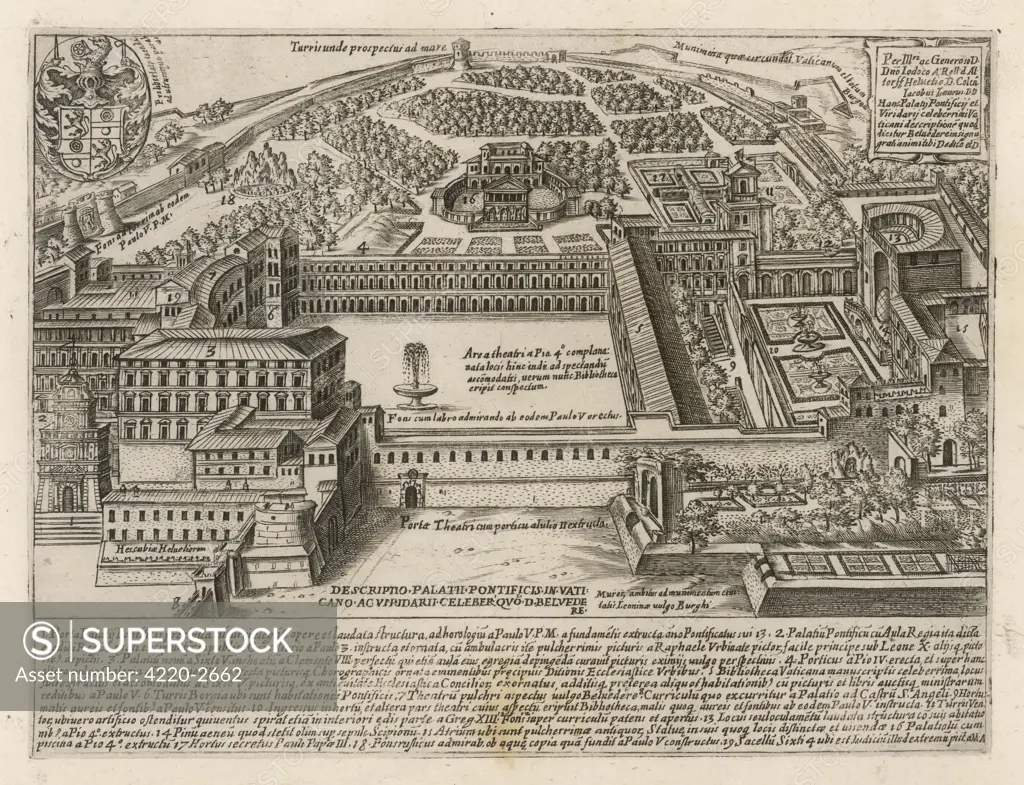 A fine bird's-eye view of theVatican Palace, showingadditions made by the Popes atvarious times up to the 1620s Date: 17th century