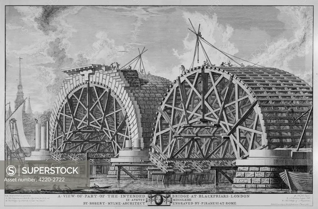 A View of Part of the IntendedBridge at Blackfriars, LondonAugust 1764 by Robert MylneArchitect. Date: August 1764