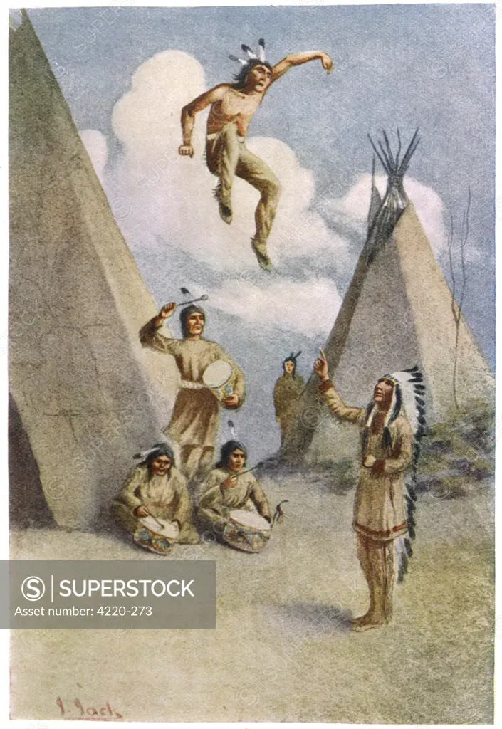 Sioux myth of Ictinike, son  of the Sun god, he was  compelled by magic to leap in  the air to a drum beat       Date: 1914