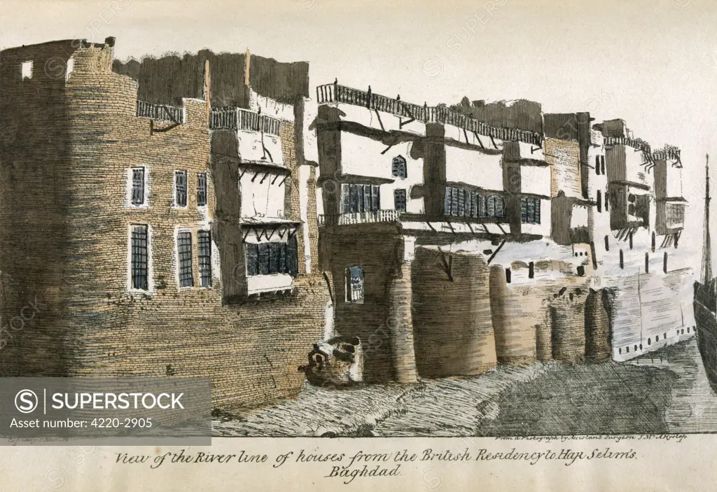 Baghdad:view of the river line ofhouses from the BritishResidence to Haji Selim'sDate: 1846
