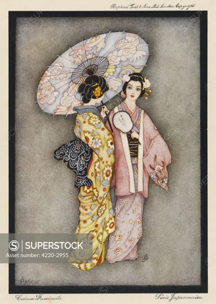 Two Japanese Geisha girls, one holding a parasolDate: early 20th century