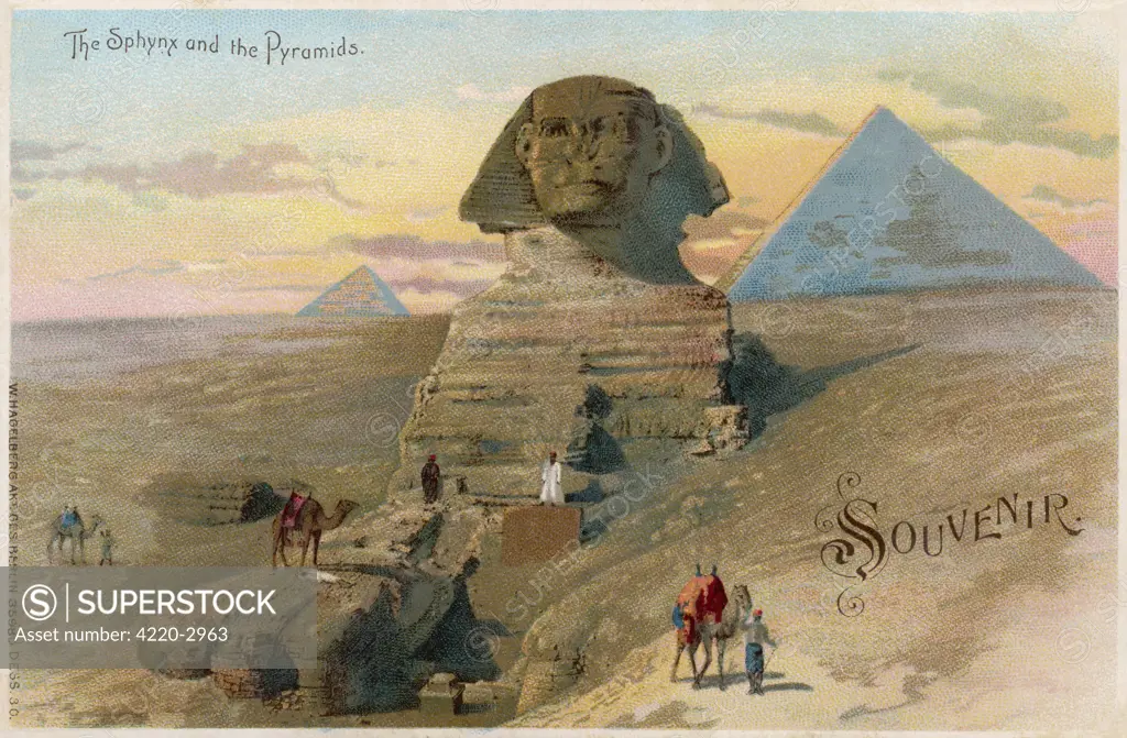 A view of the Sphinx, with thepyramids of Giza in thebackground.Date: Early 20th century