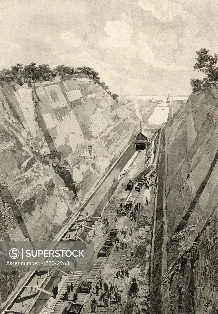 Construction of the CORINTHCANAL : this striking viewshows the enormous operationof literally cutting throughGreece from coast to coast.Date: 1893