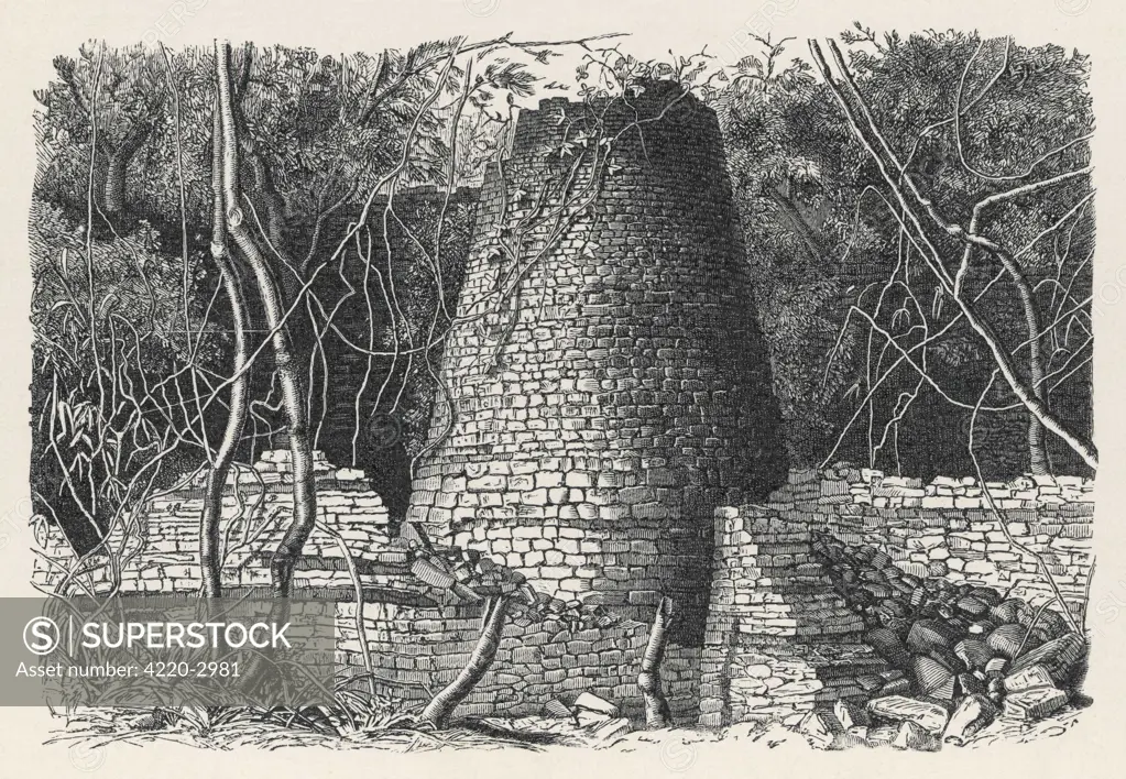 The massive conical tower inthe amazing Iron Age site ofGreat Zimbabwe, the greatestexpression of the buildingskills and trading wealth ofthe Shona empire. Date: 1892