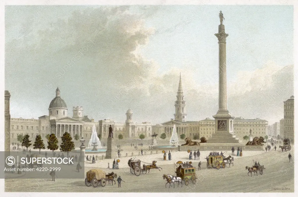 A view of Trafalgar Squarelooking up towards theNational Gallery, showingNelson's Column, the lions andthe fountains.Date: circa 1890
