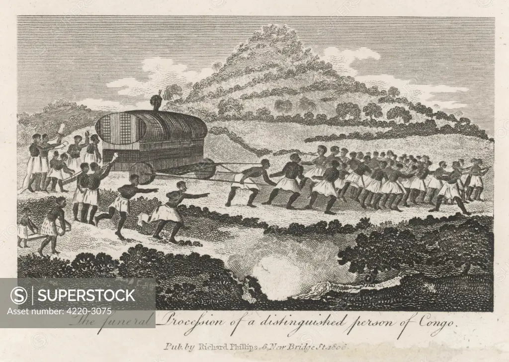 The funeral procession of adistinguished person of Congo'- the coffin is placed on amassive wagon which is draggedby a large team of men.Date: 1806