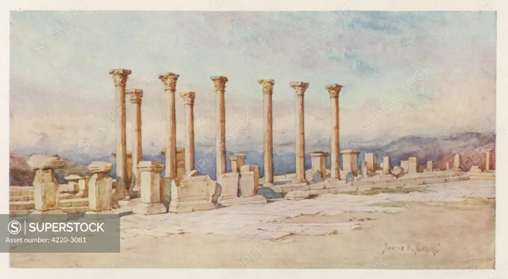 Many of the Roman ruins atTimgad are in a good state ofpreservation : but only thesecolumns bear witness to theformer forum. Date: 1906