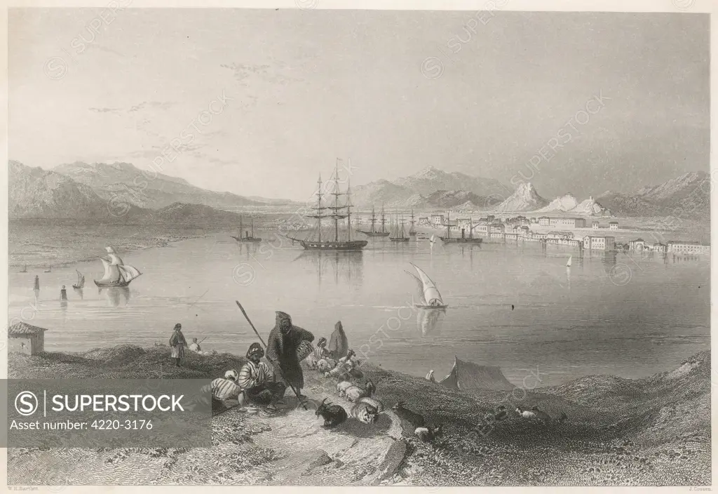 Distant view of Piraeus, theport of Athens. Date: circa 1840