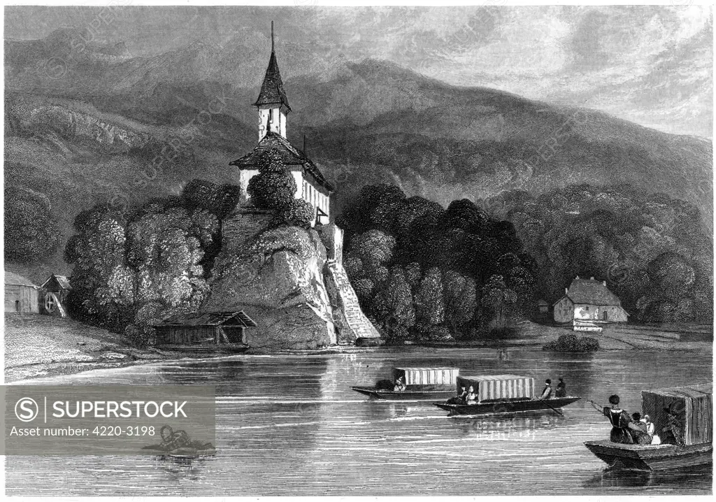 Whether or not William Tellever existed, his chapeloverlooks lake Geneva.Date: circa 1835