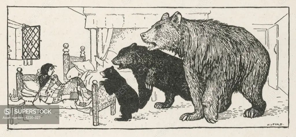 Goldilocks is found in Baby Bear's bed by the three bears