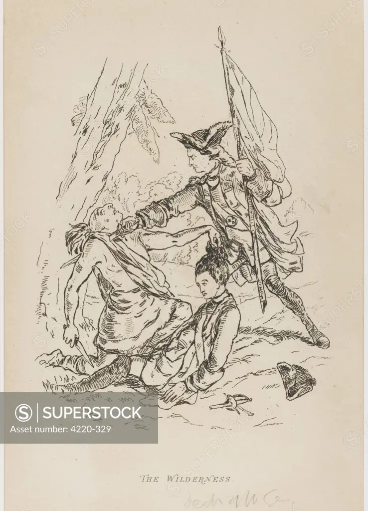 THE WILDERNESS  Scene from 'The Virginians'  A soldier is rescued just in  time by the flagman during the  American Revolutionary War.       Date: first published : 1858