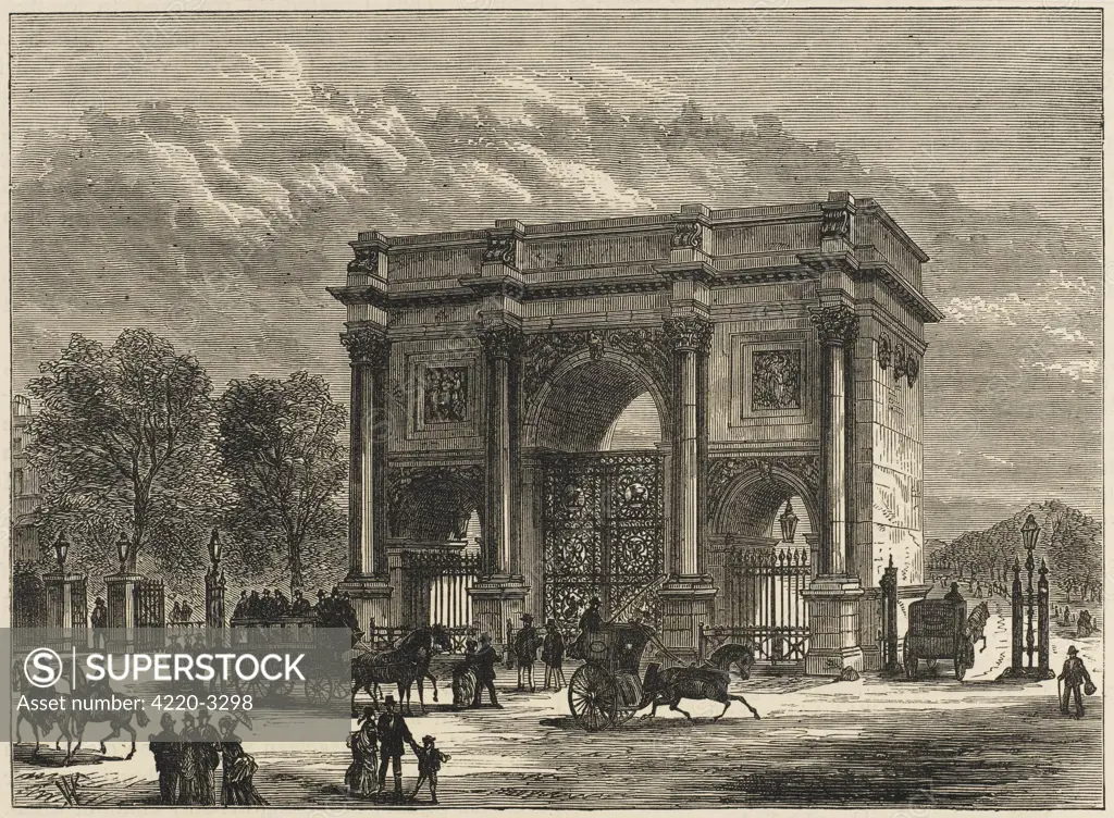 Nash's arch was originallybuilt in 1827 and placed infront of Buckingham Palace,but was moved to its presentsite in 1851. Date: circa 1860