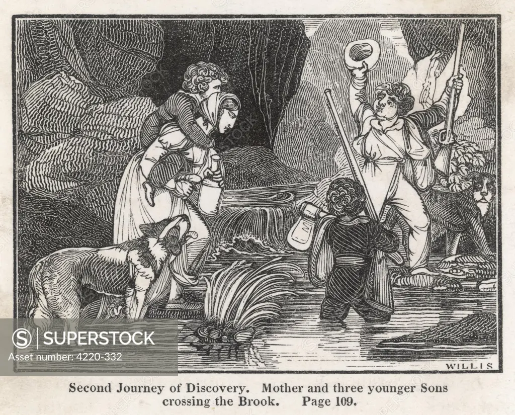 DIE SCHWEIZERISCHE ROBINSON Mrs Robinson and three of her  sons cross the Brook on their  second journey of discovery on  the Desert Island where they  have been cast up.      Date: First published 1812