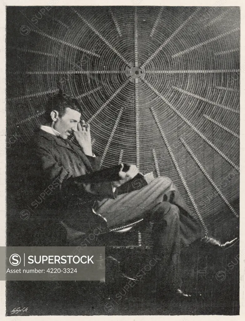 Nikola Tesla (1856-1943), Croatian inventor  in his American laboratory
