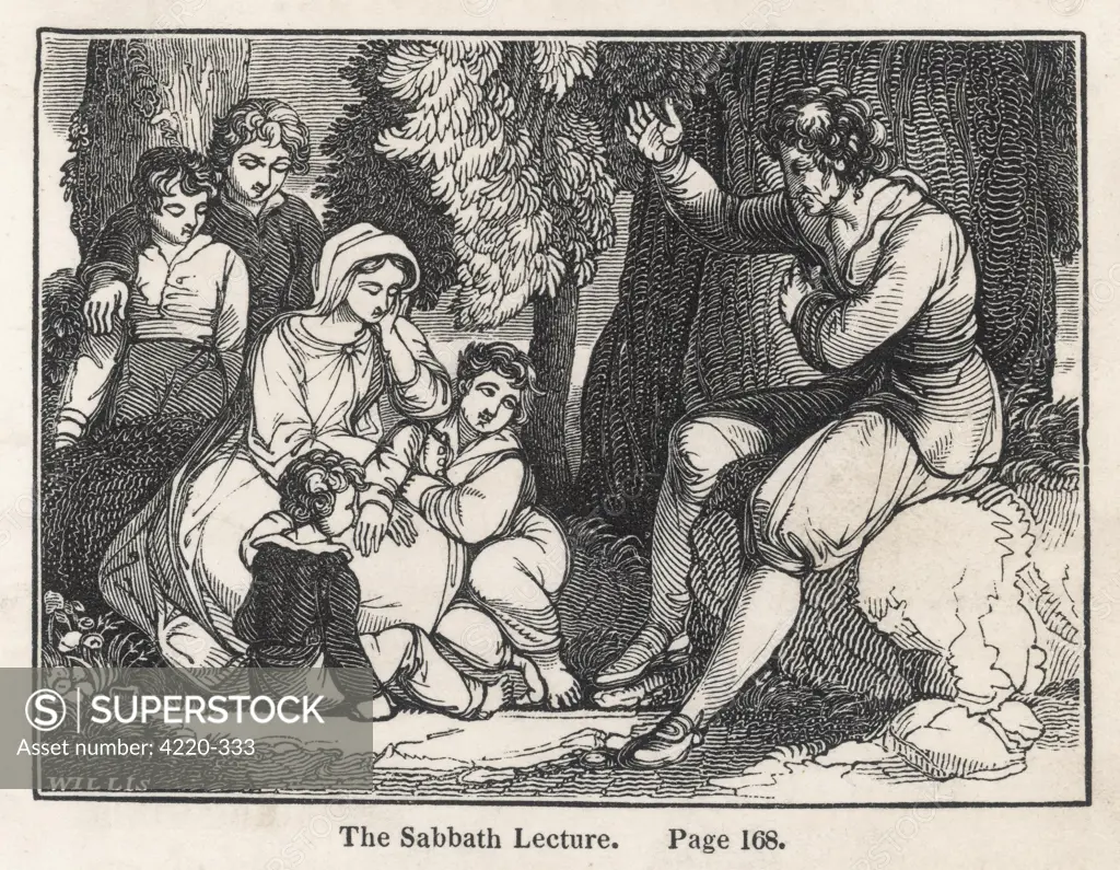 DIE SCHWEIZERISCHE ROBINSON  Mr &amp; Mrs Robinson and their  four sons sit down for the  Sabbath Lecture.       Date: First published 1812