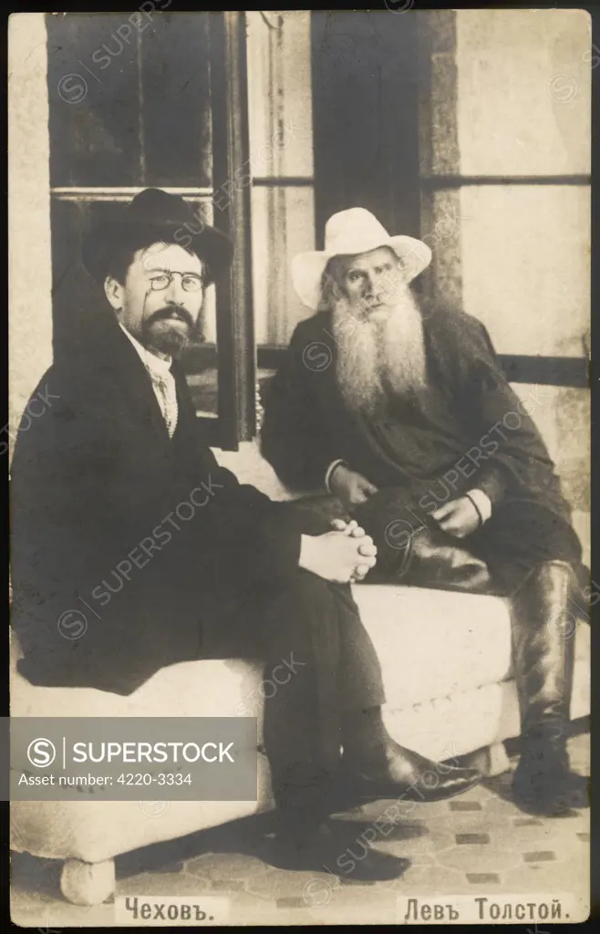 Russian playwright and writer, Anton Pavlovich Chekhov (1860-1904), left, with Russian writer, Leo Tolstoy (1828-1910).     Date: circa 1908